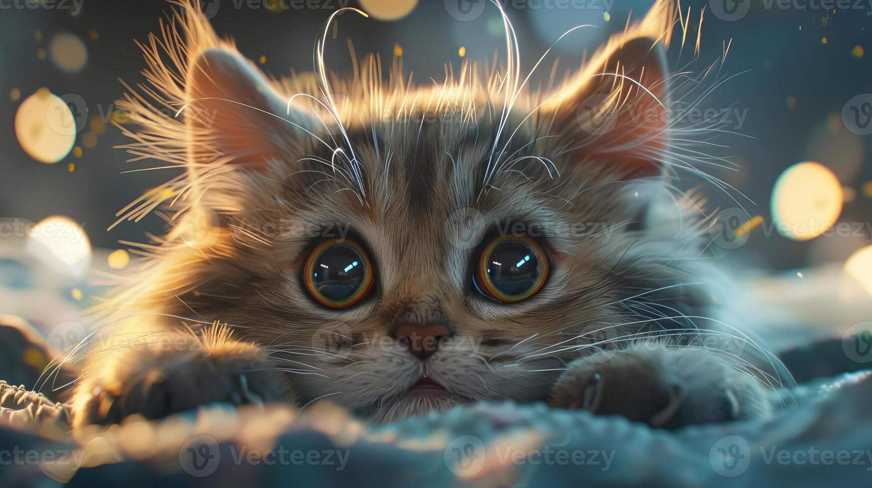 A cat with its eyes wide open is laying on a bed photo