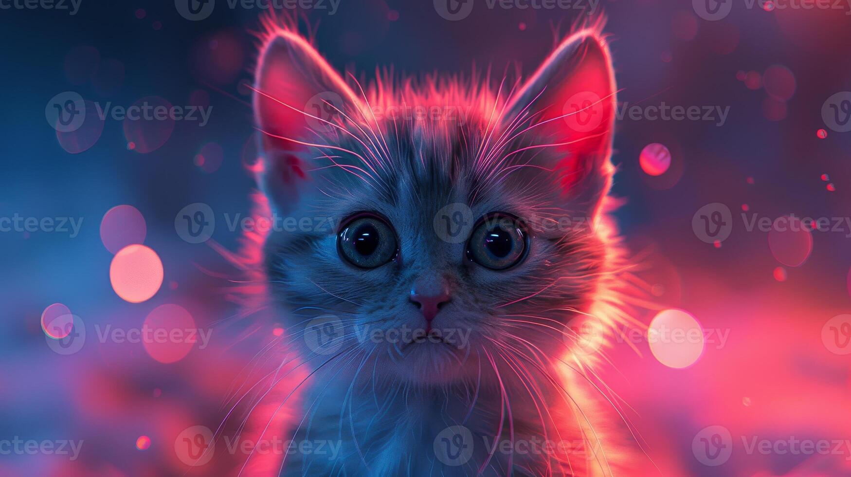 A kitten with a pinkish glow on its face is staring at the camera photo