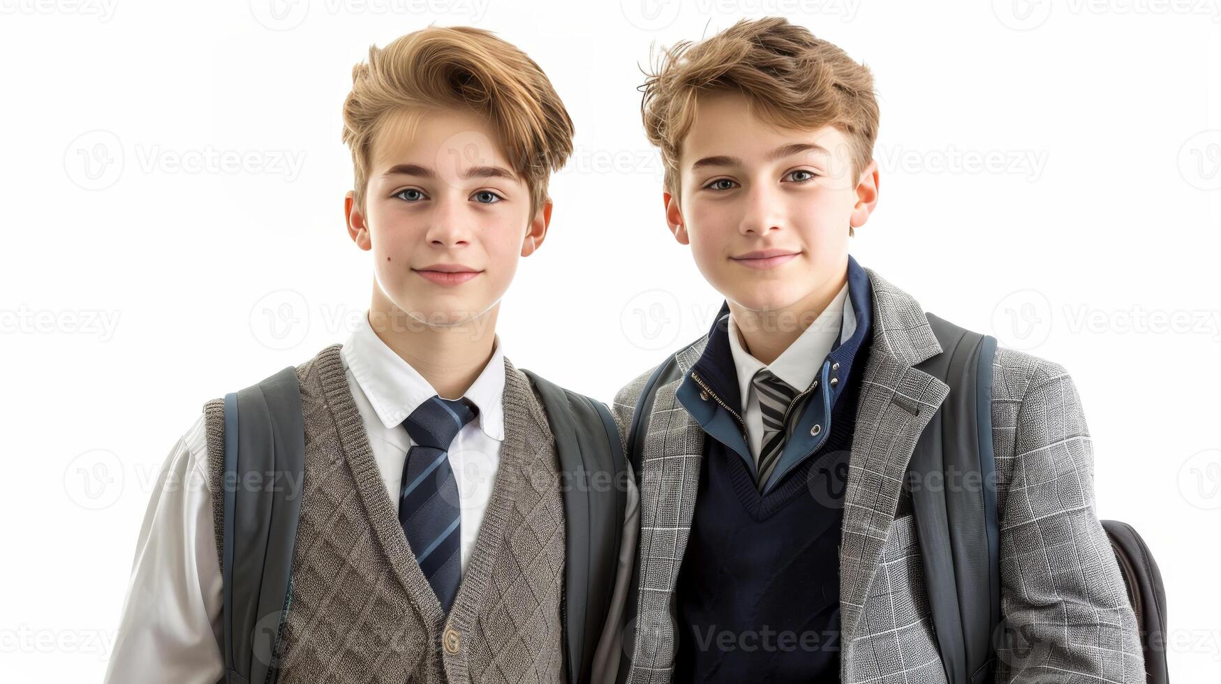 Two young boys wearing school uniforms and ties are posing for a picture photo