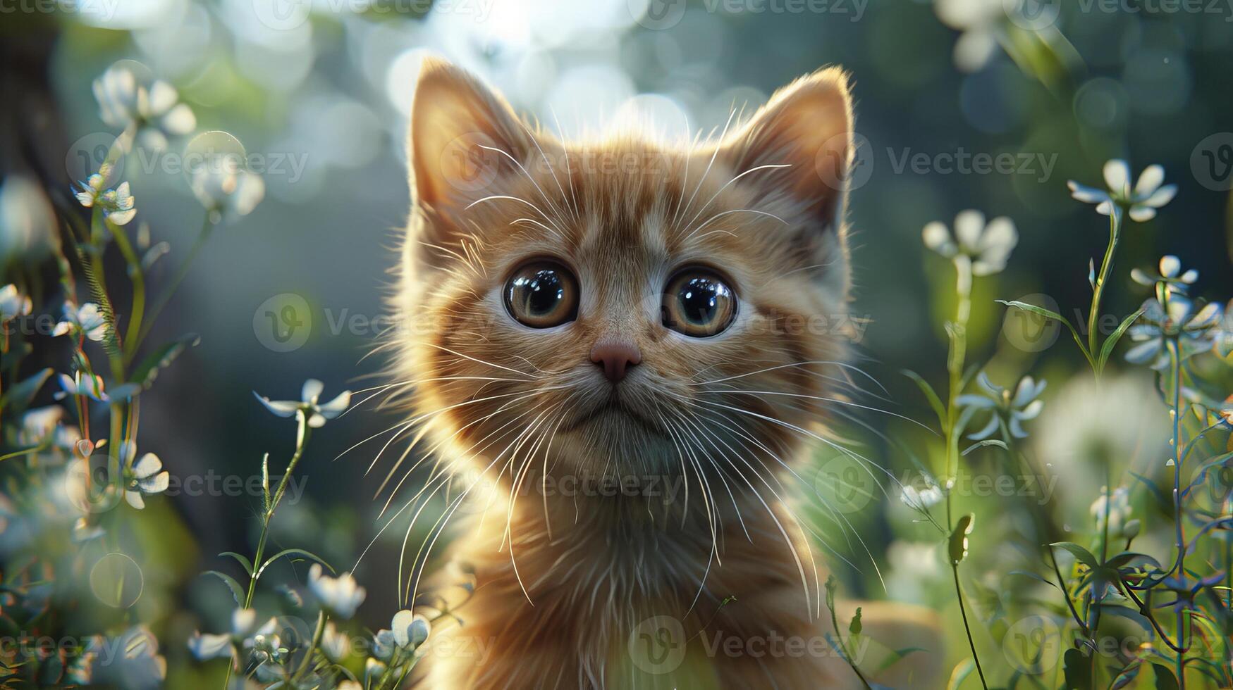 A cute orange kitten is staring at the camera in a field of flowers photo