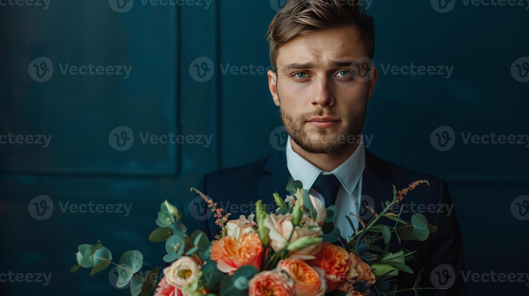 A man in a suit holding a bouquet of flowers photo