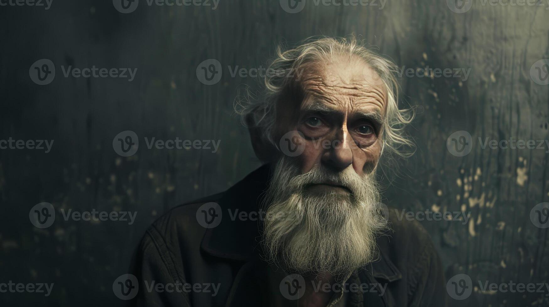 A man with a long beard and a bald head is sitting in a dark room photo