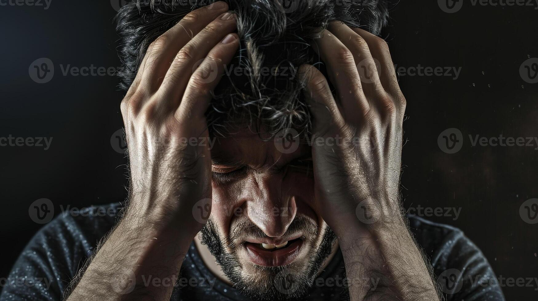 A man with his hands on his head, looking down photo