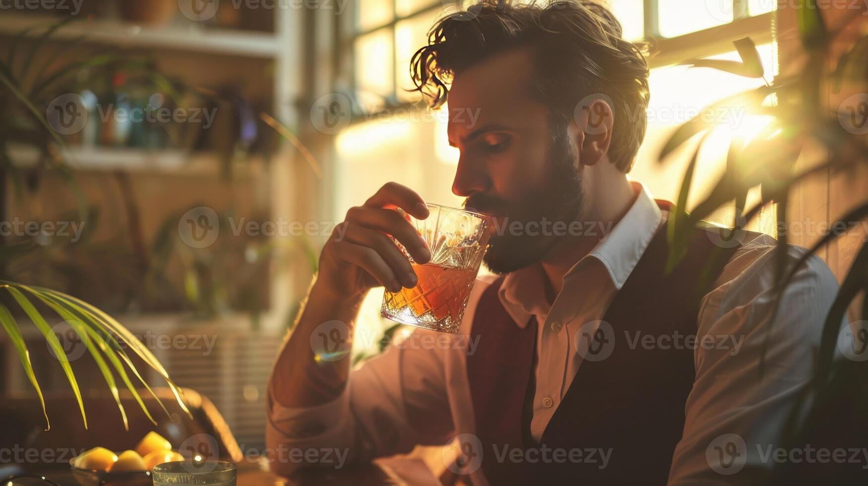 A man in a vest is drinking a glass of liquor photo