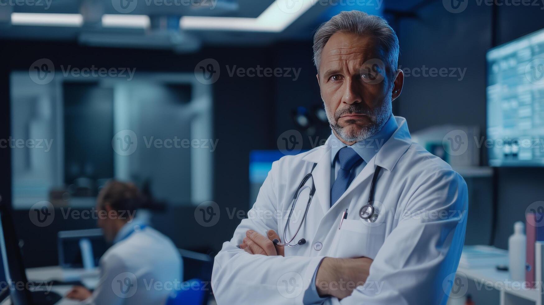 A man in a white lab coat stands in front of a computer monitor photo