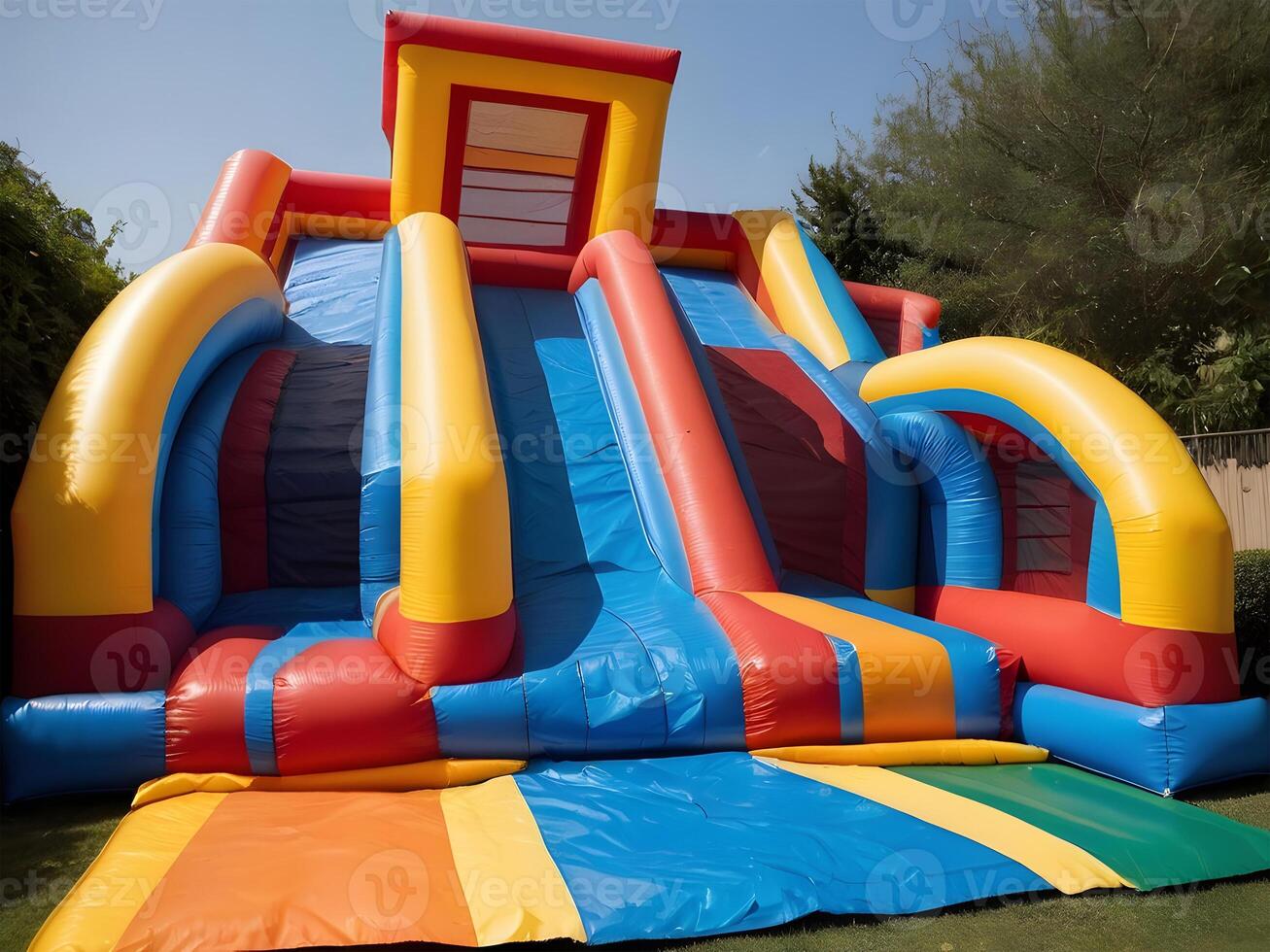 Inflatable colorful bounce house water slide in the backyard. photo