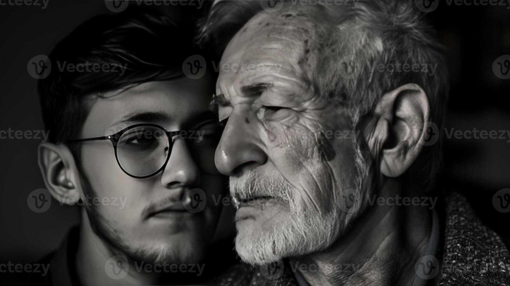 A man and a boy are standing close to each other photo