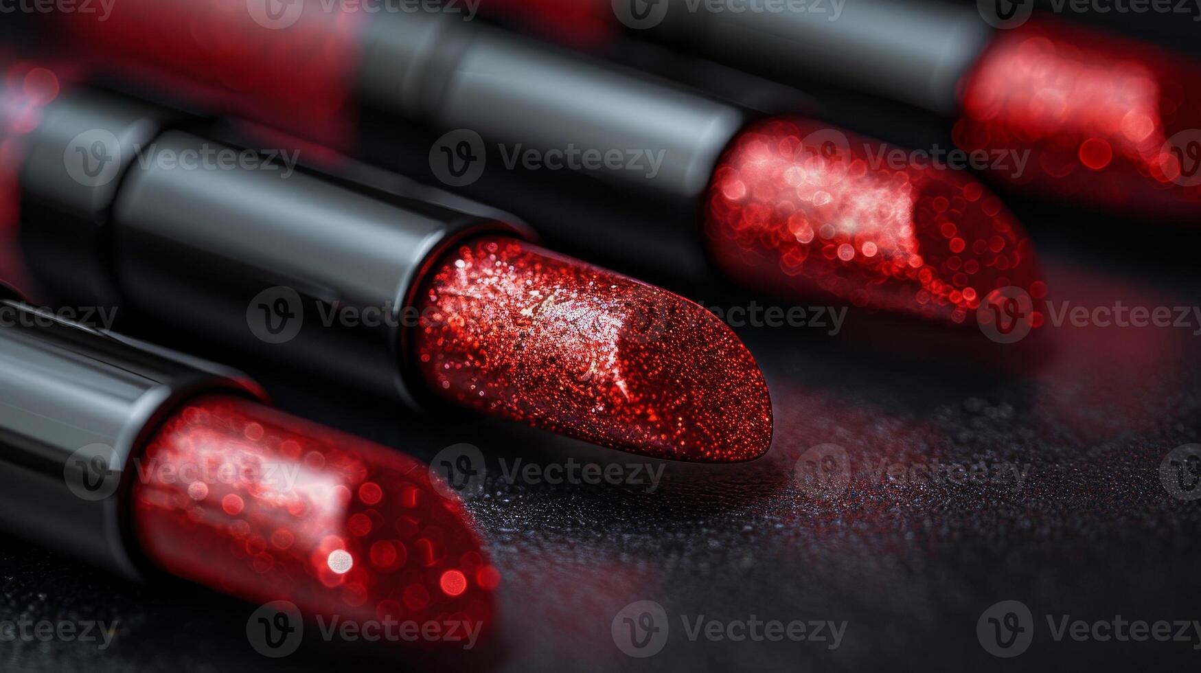 A row of red and black lipsticks with glitter on the tips photo