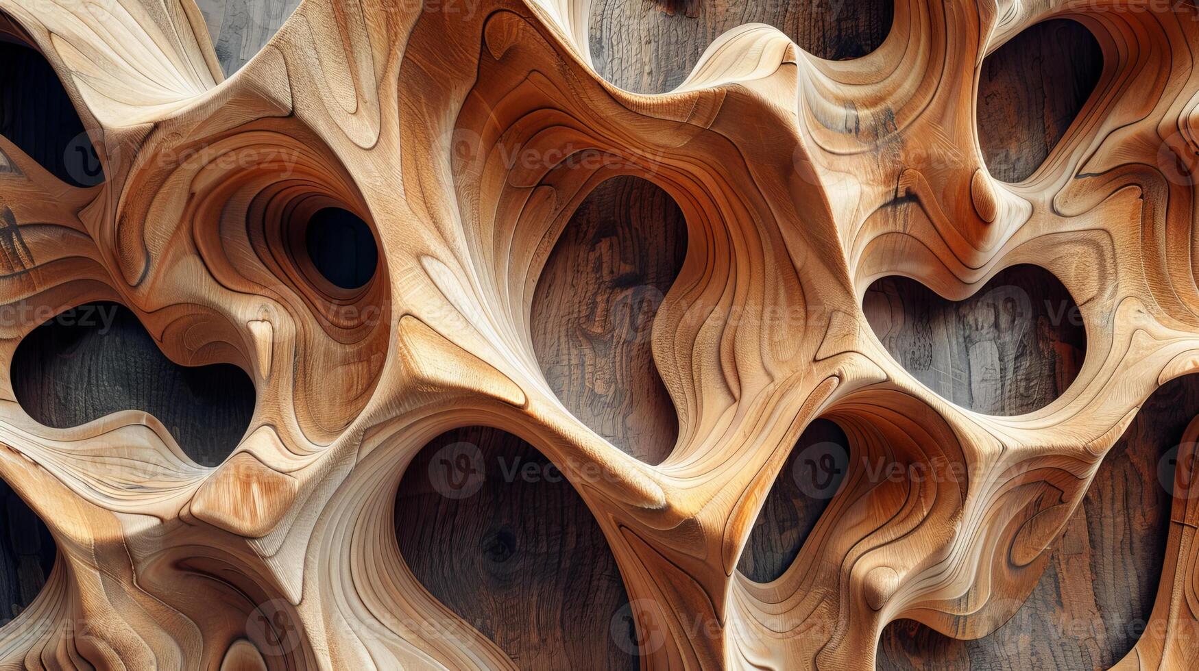 The image is a wood carving of a tree trunk with many holes and curves photo