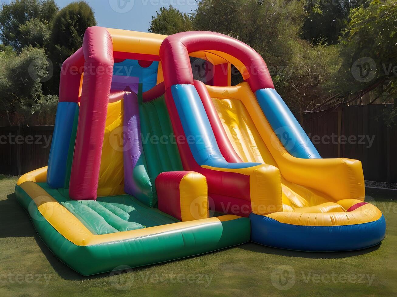 Inflatable colorful bounce house water slide in the backyard. photo