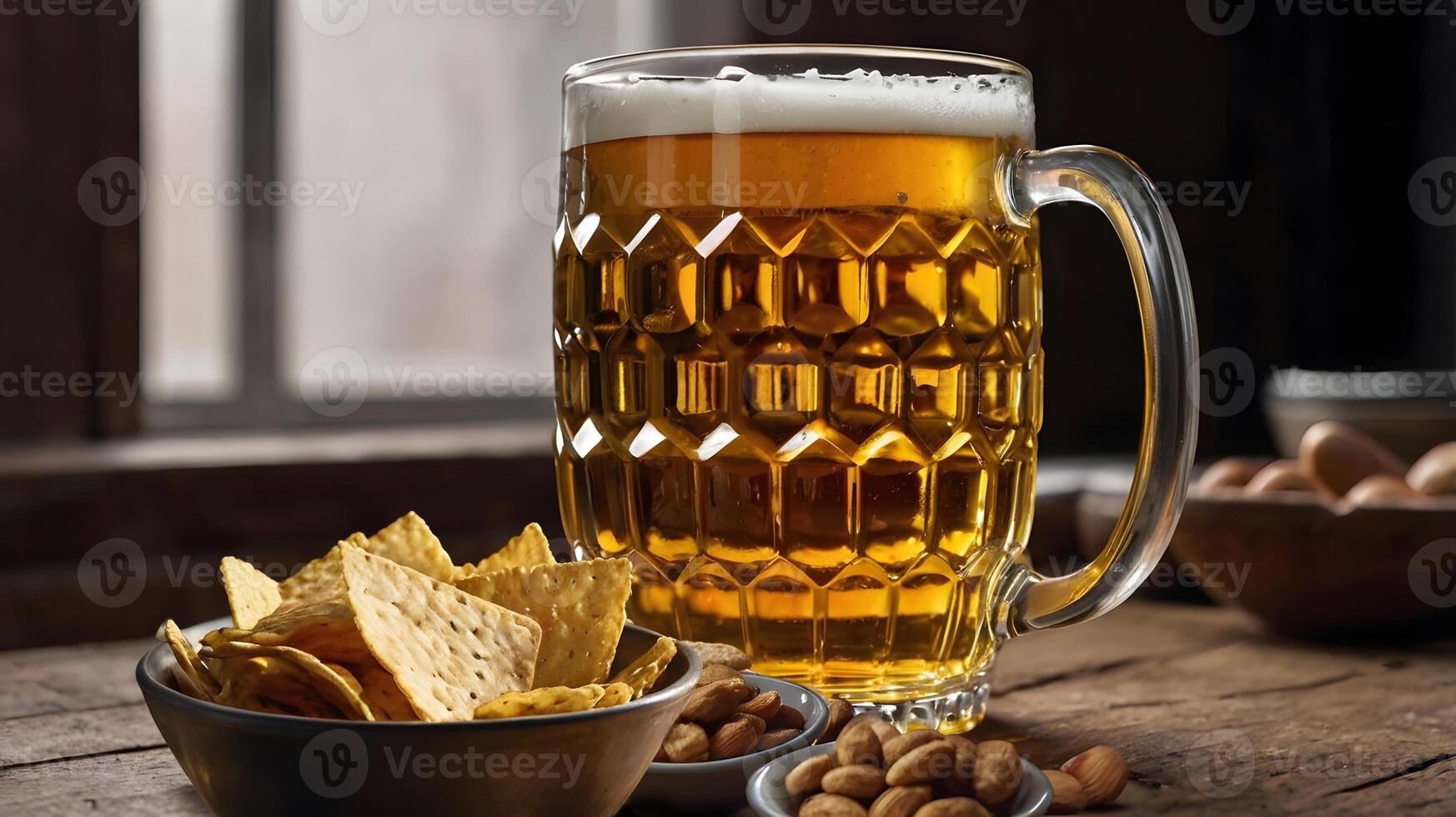 Lager beer and snacks nachos and nuts on a rustic wooden table photo