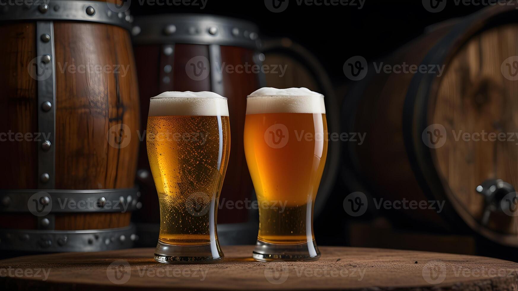 Beer glasses on an old rustic wooden table against beer barrels. photo