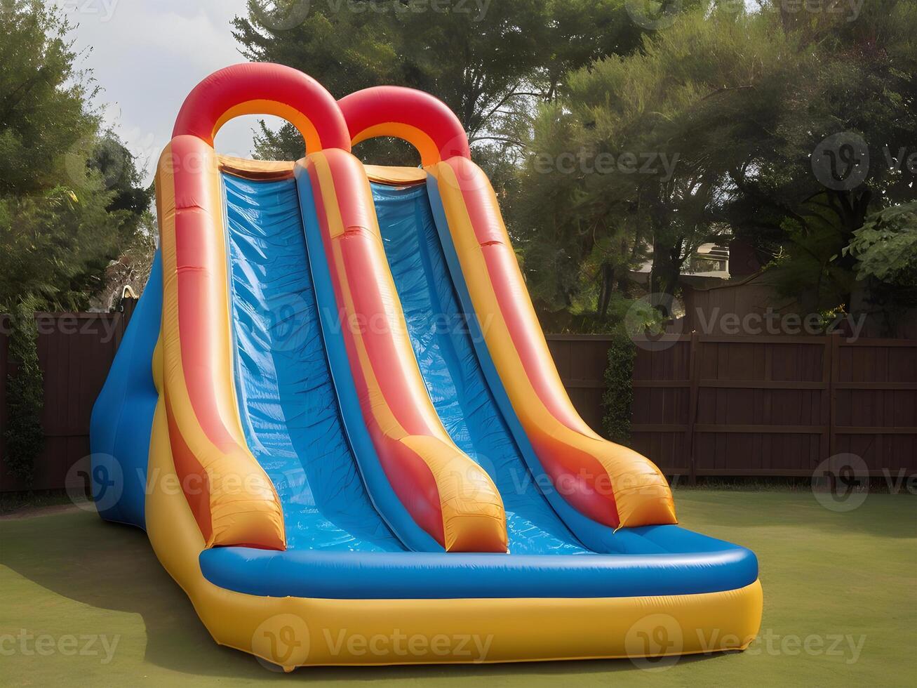 Inflatable colorful bounce house water slide in the backyard. photo