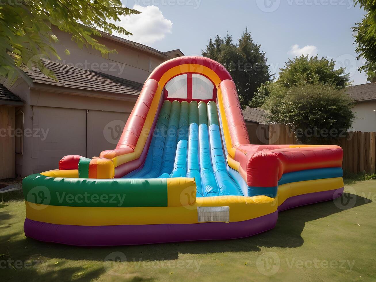Inflatable colorful bounce house water slide in the backyard. photo