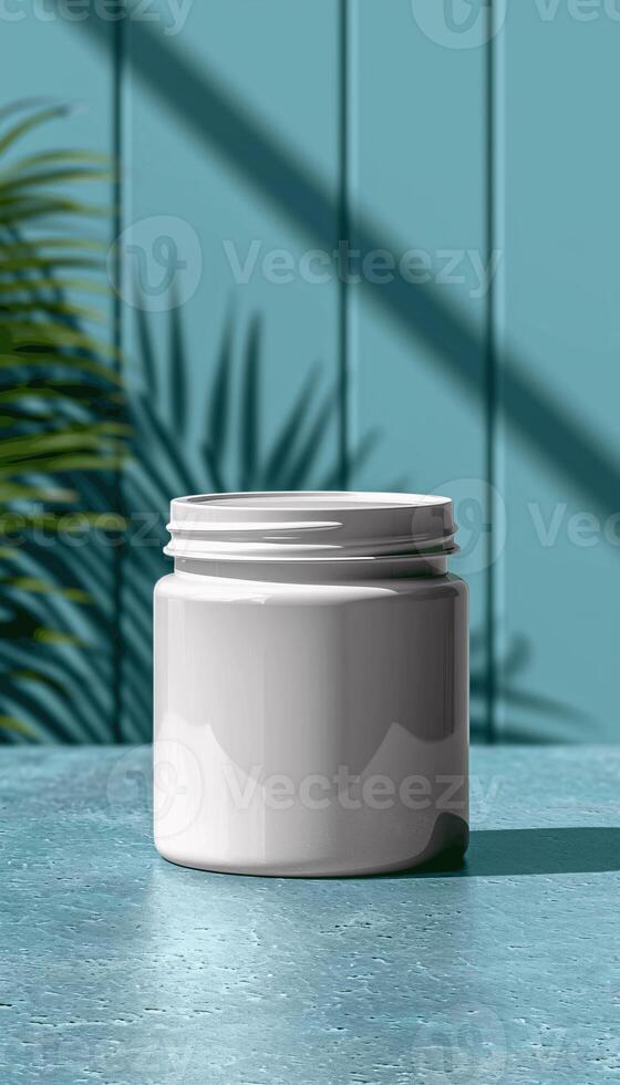 a white cylindrical container with a lid, placed on a textured surface against a blue background, ideal for a branding or product design mockup photo