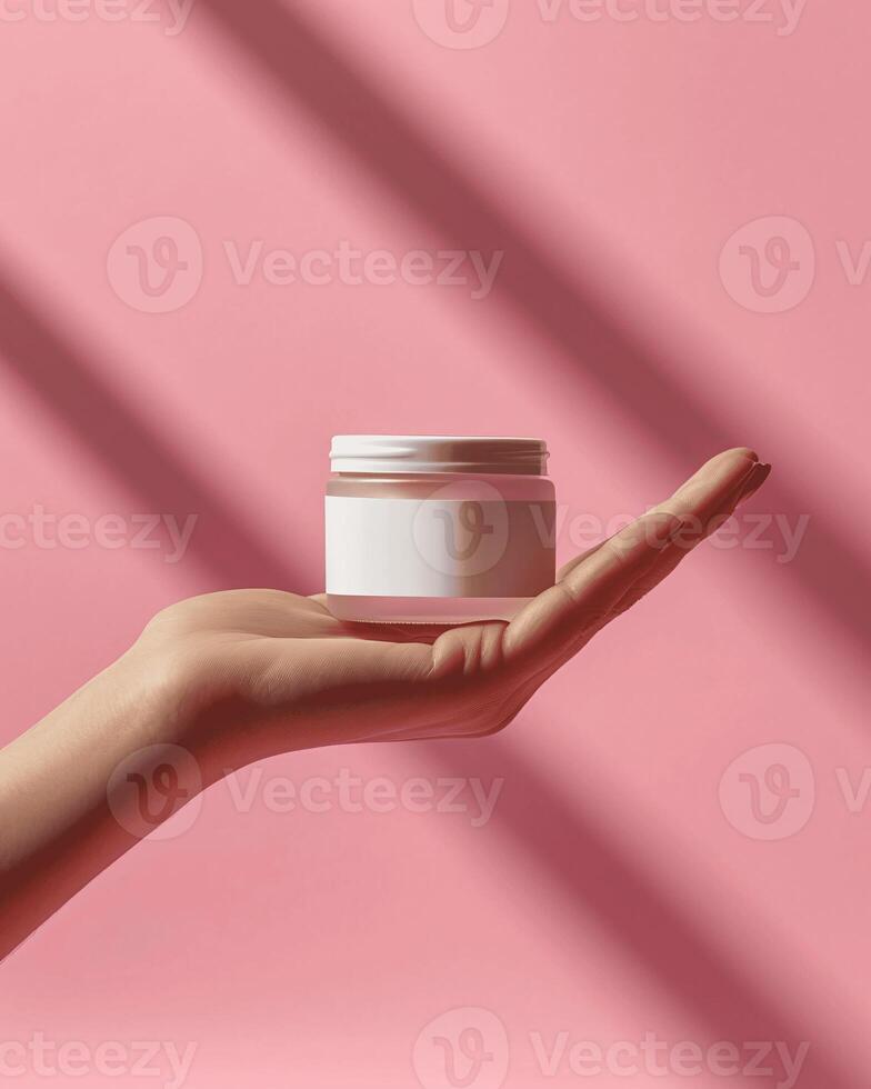 hand holding a jar of cream against a pink background photo