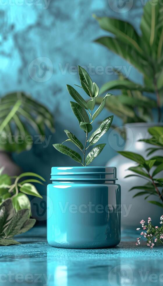 a cylindrical container with a lid, placed on a textured surface against a blue background, ideal for a branding or product design mockup photo