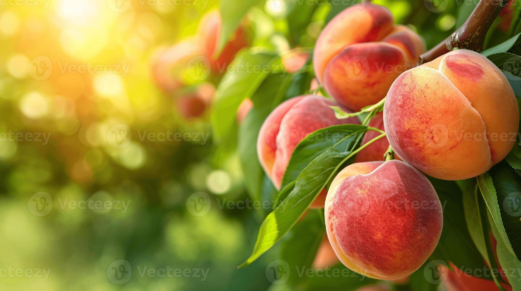 ripe peaches basking in sunlight, with a warm glow that accentuates their reddish-orange hue photo