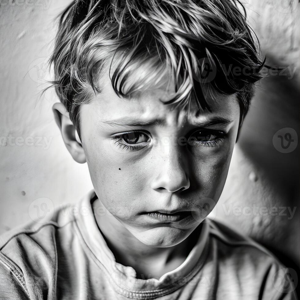 Black and white photo of lonely sad boy