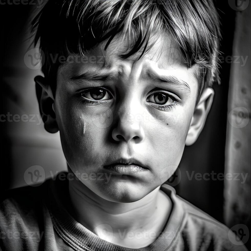 Black and white photo of lonely sad boy