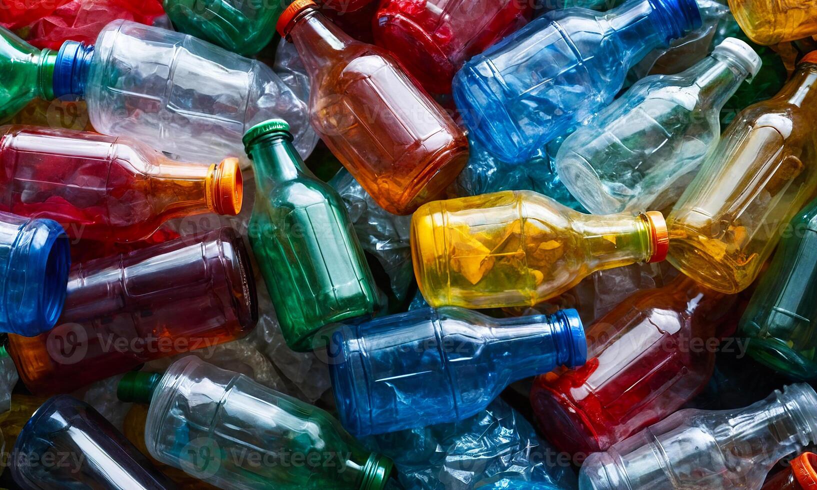 Heap of used empty multicolor plastic bottles, close-up background, separate waste collection, environmental pollution photo