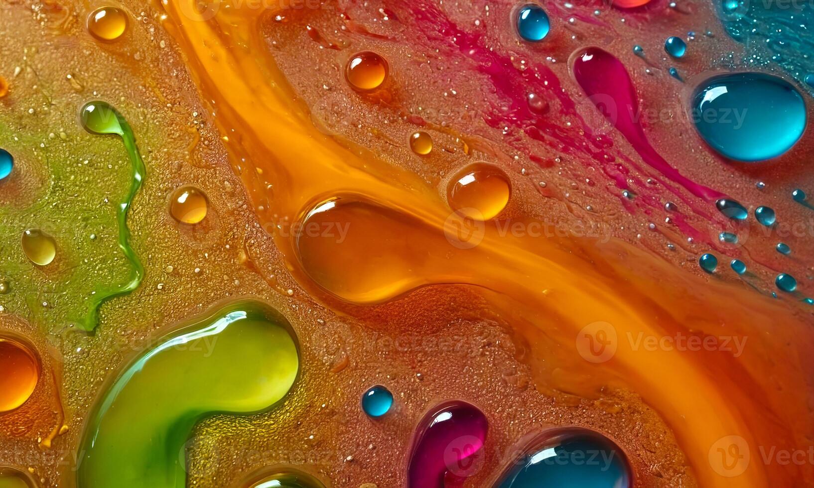 Bright abstract colorful liquid background with transparent multi-colored drops and bubbles photo