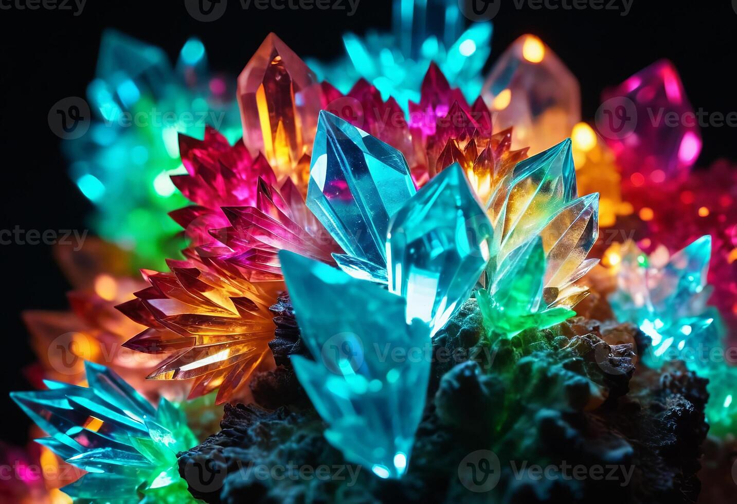 Cluster of colorful fantasy glowing crystals on black background photo
