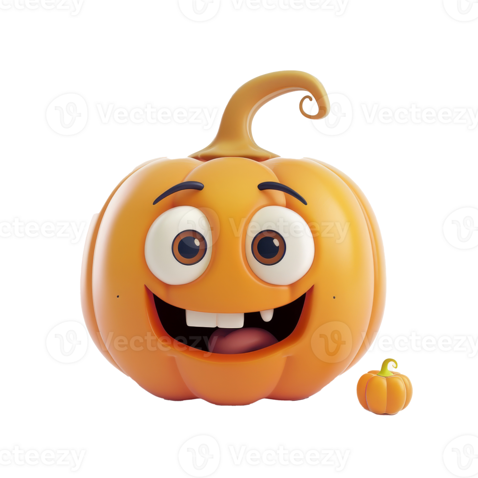 A cute 3D cartoon pumpkin mascot character with big eyes and a toothy grin. png