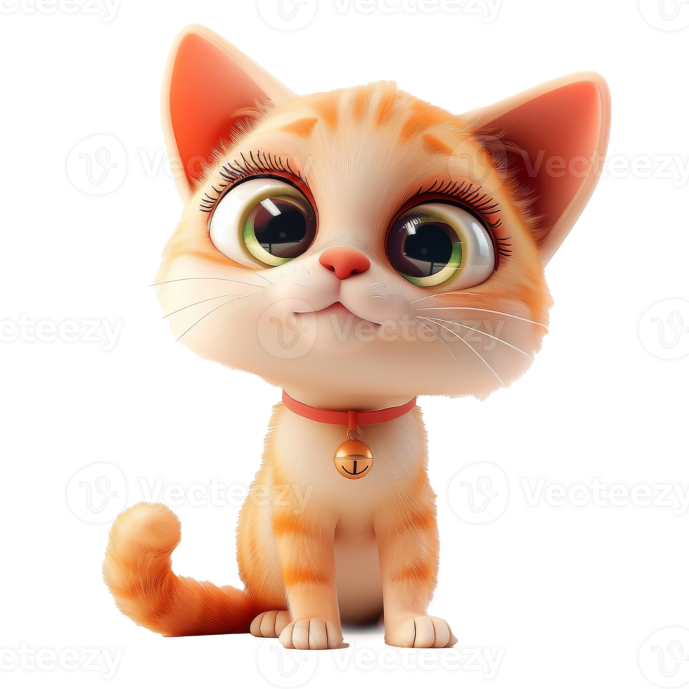 A cute cartoon cat with big eyes and a bell on its collar is sitting and looking at the camera. png