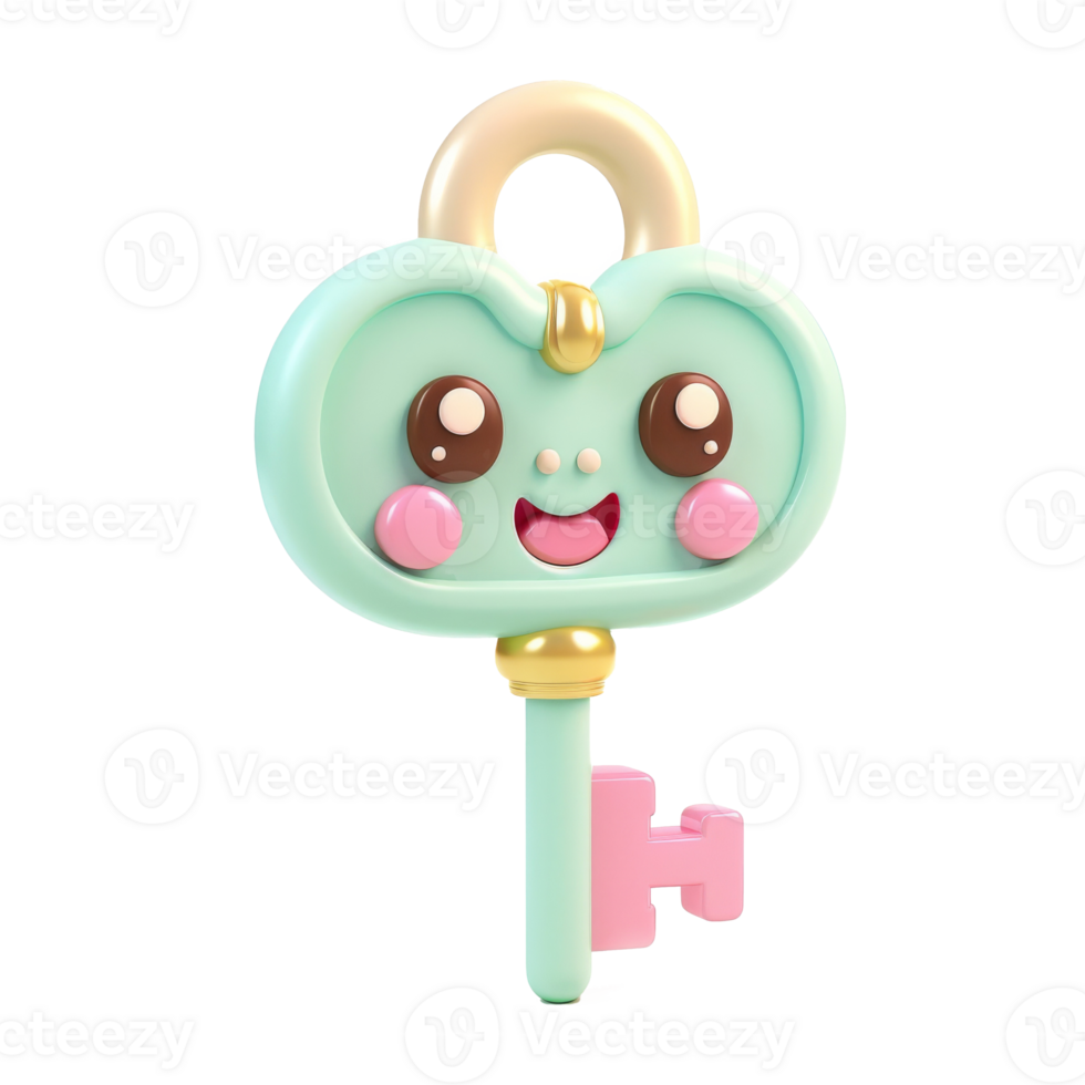 A cute 3d render of a key with a face on it. The key is green and pink with a gold handle. png