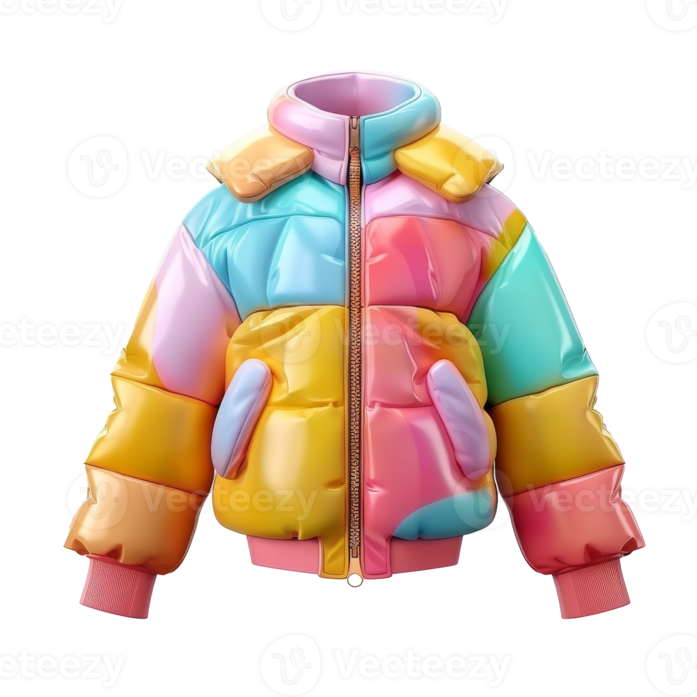 A puffer jacket with pastel rainbow colors. png