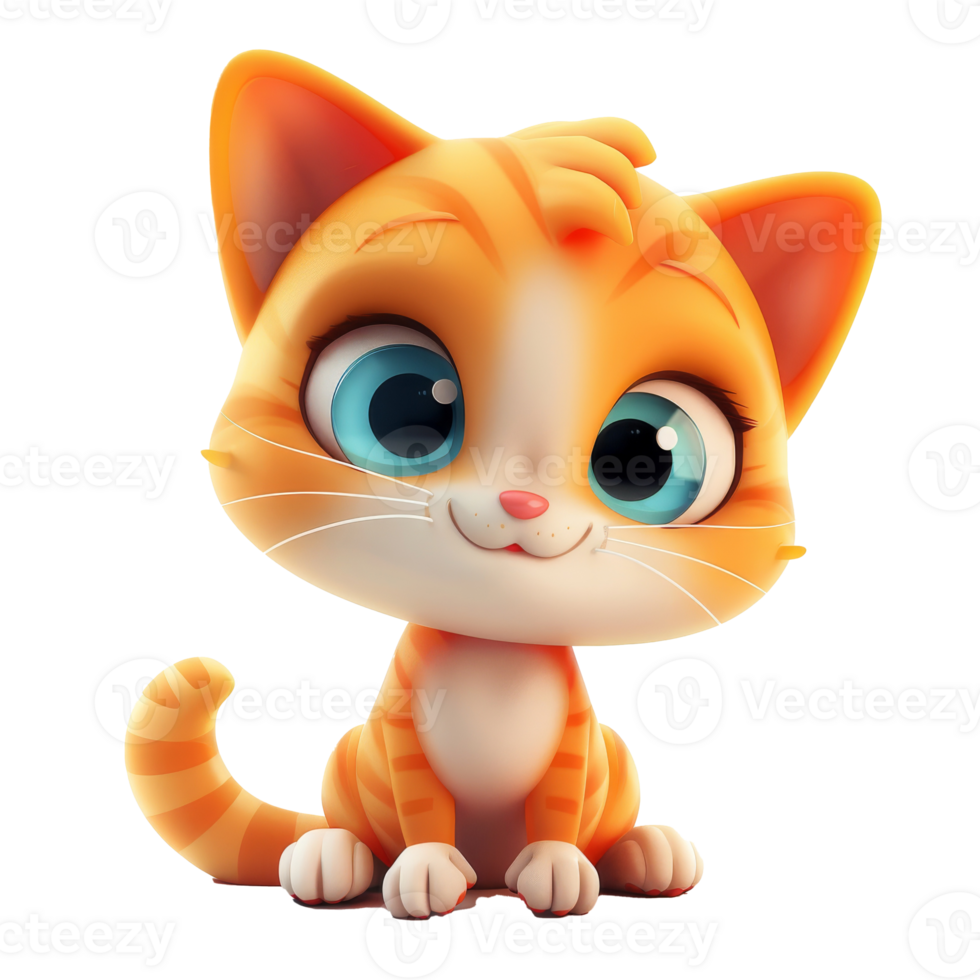A cute cartoon cat with big blue eyes and a happy expression on its face. png