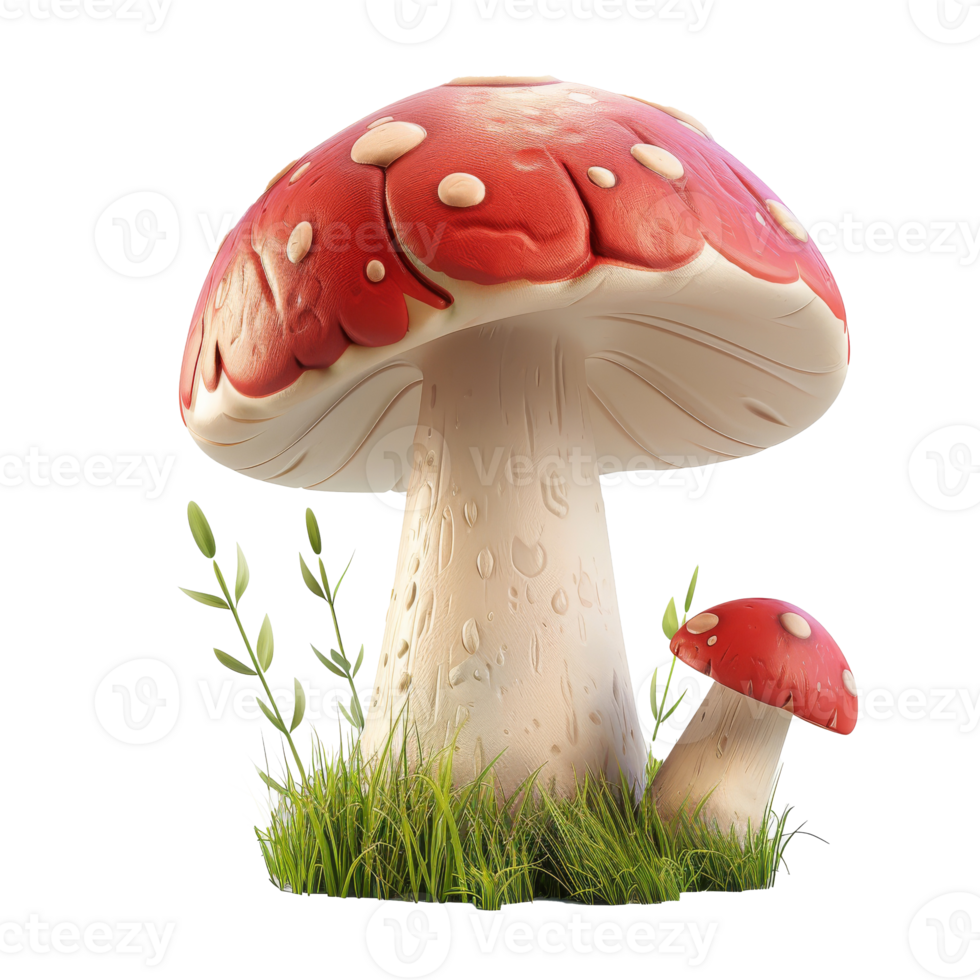 A red and white spotted mushroom with a white stem and a small red mushroom next to it. Both are sitting on green grass. png