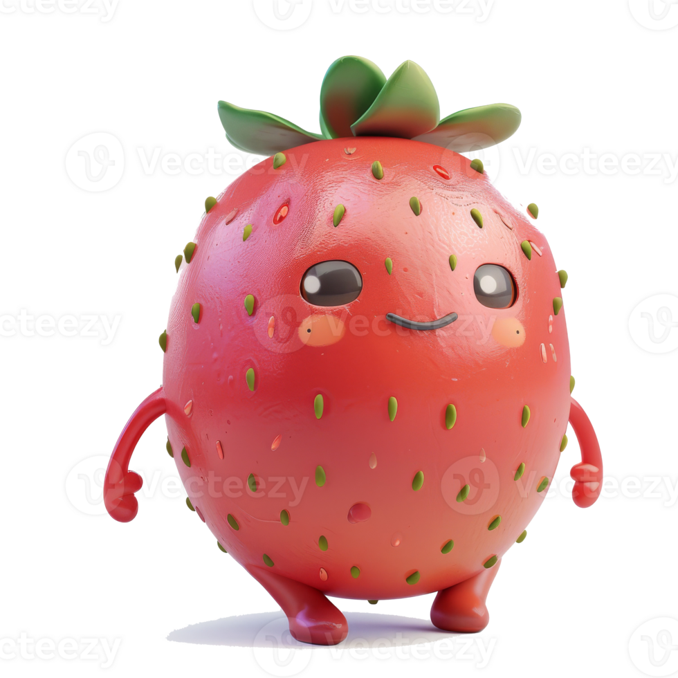 A cute strawberry cartoon character with a happy face and little arms and legs. png