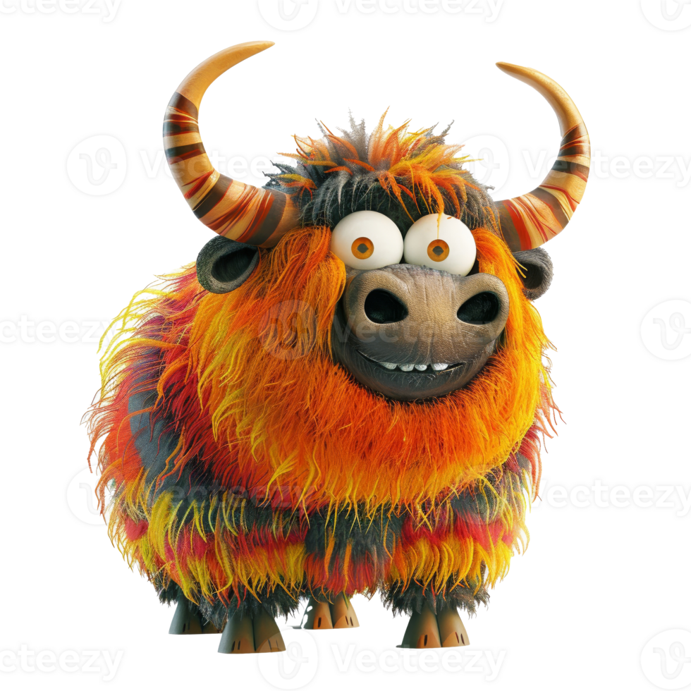 A cartoon yak made of orange, black, and yellow fur smiling with its eyes wide open. png
