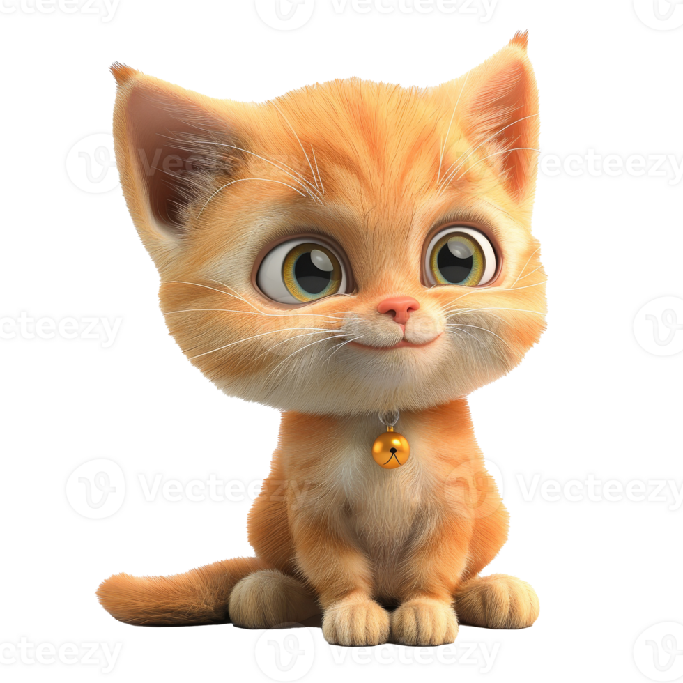 A cute cartoon cat with big eyes and a bell on its collar png