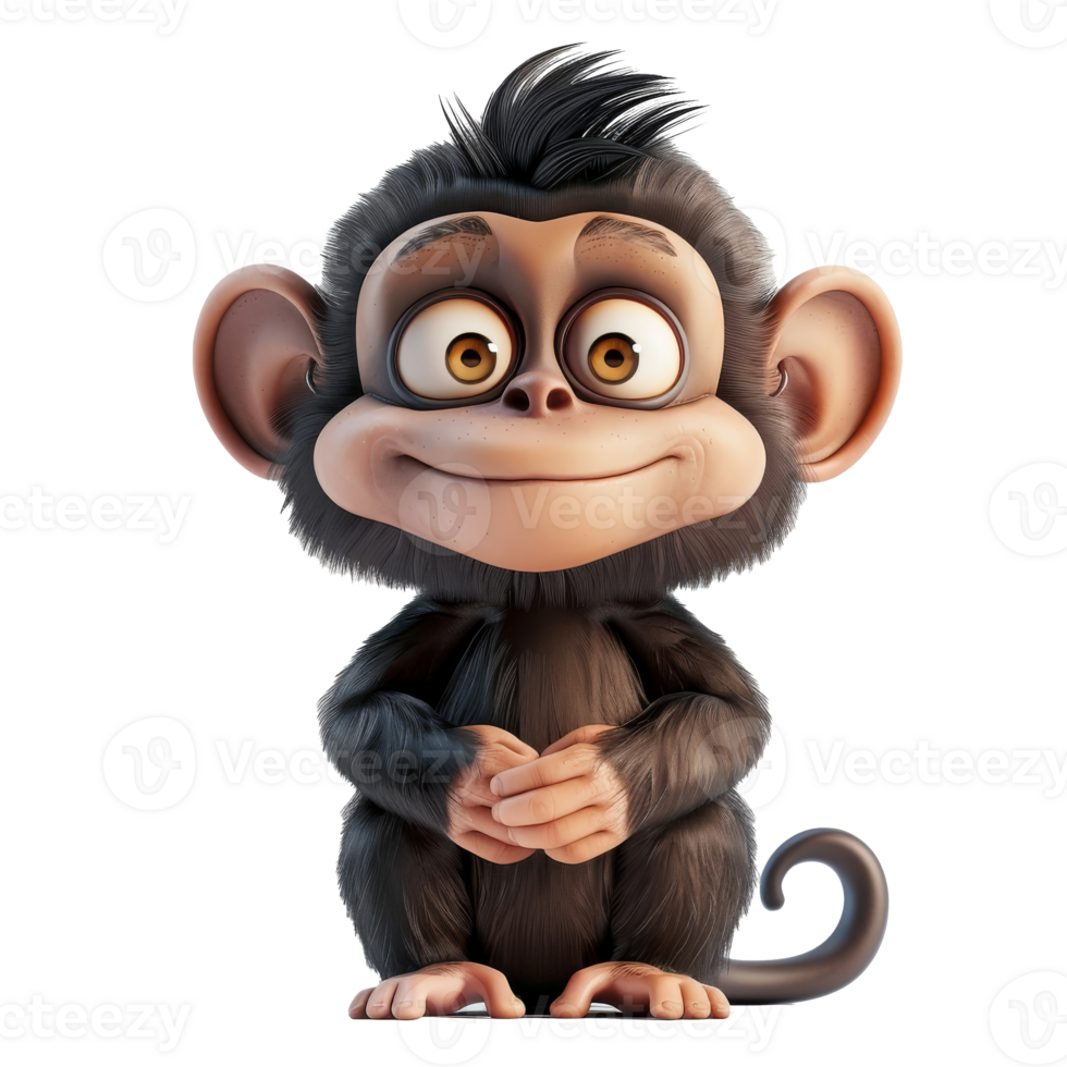 A cute 3d monkey cartoon character with big eyes and a friendly smile. png