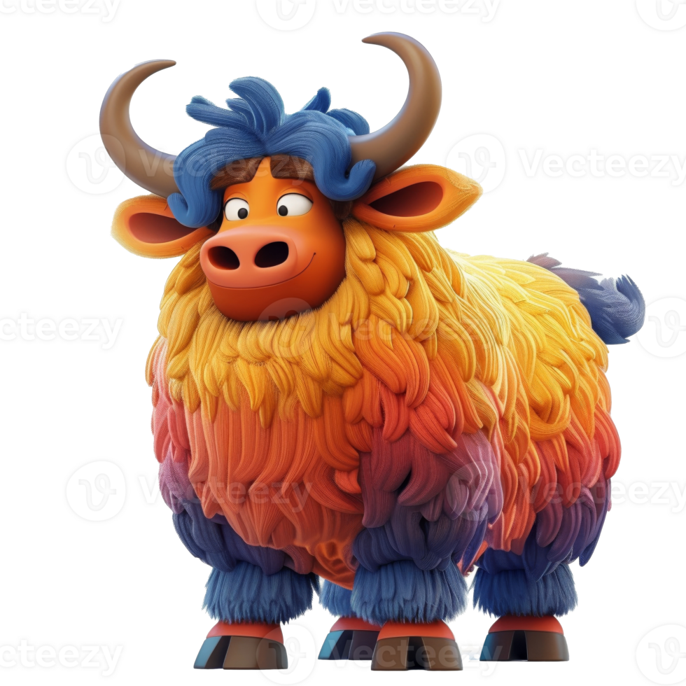 A cartoon yak with blue horns and multi-colored fur png