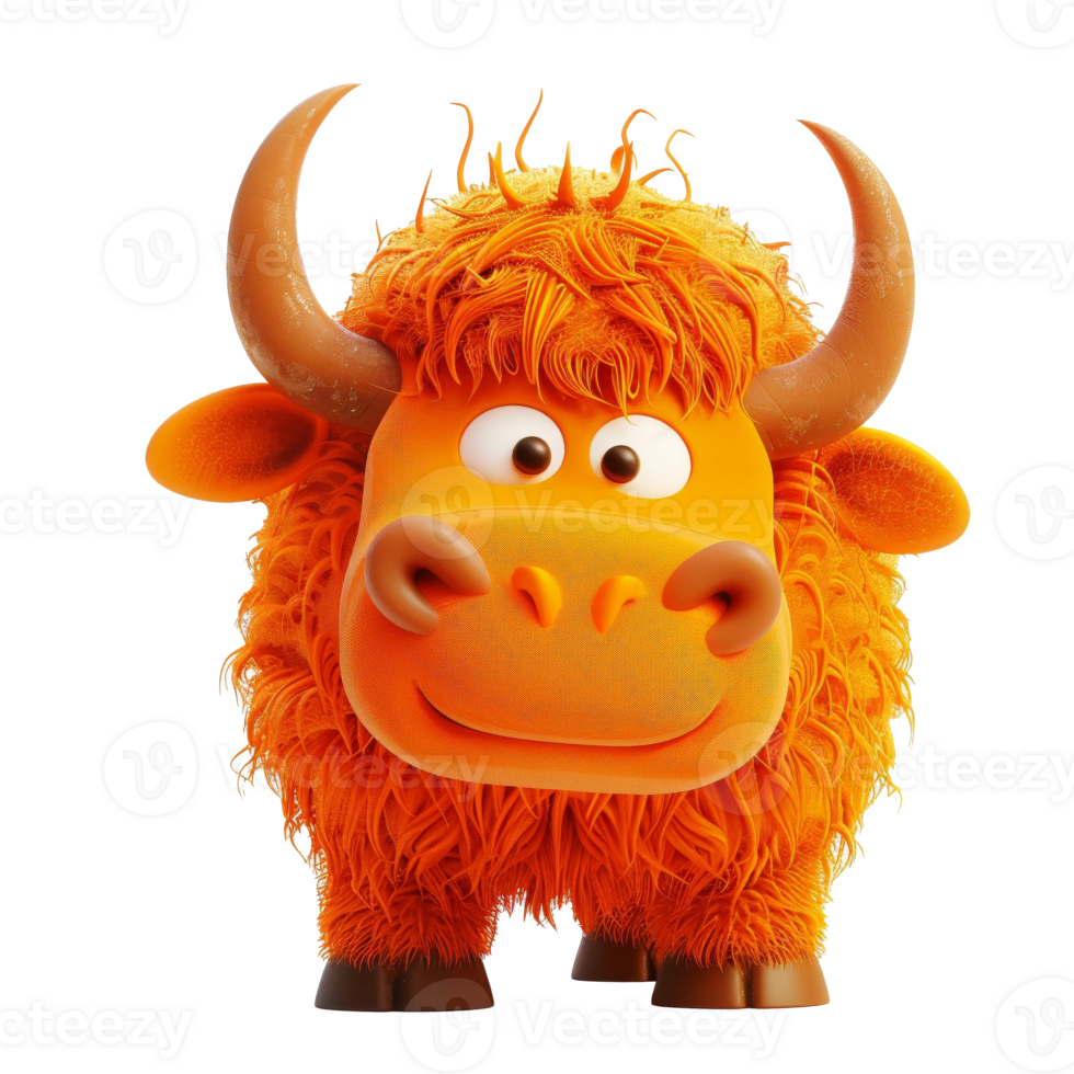 A cartoon yak made of orange fur with brown horns and hooves, and big eyes. png