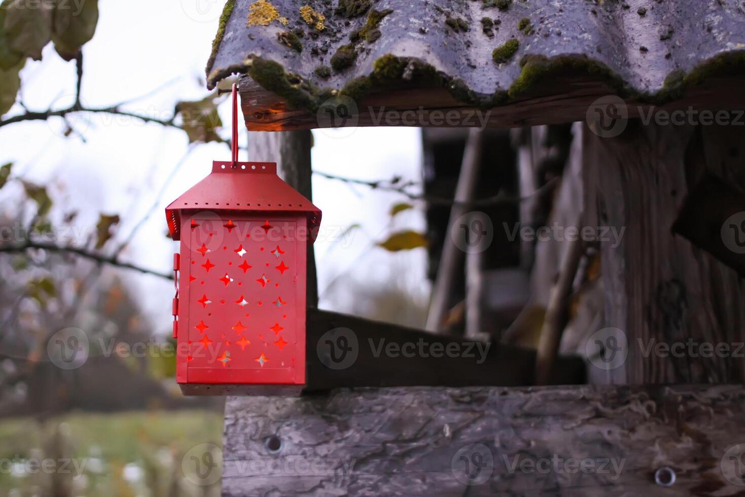 Decorative lantern with burning candle in autumn park at evening. photo
