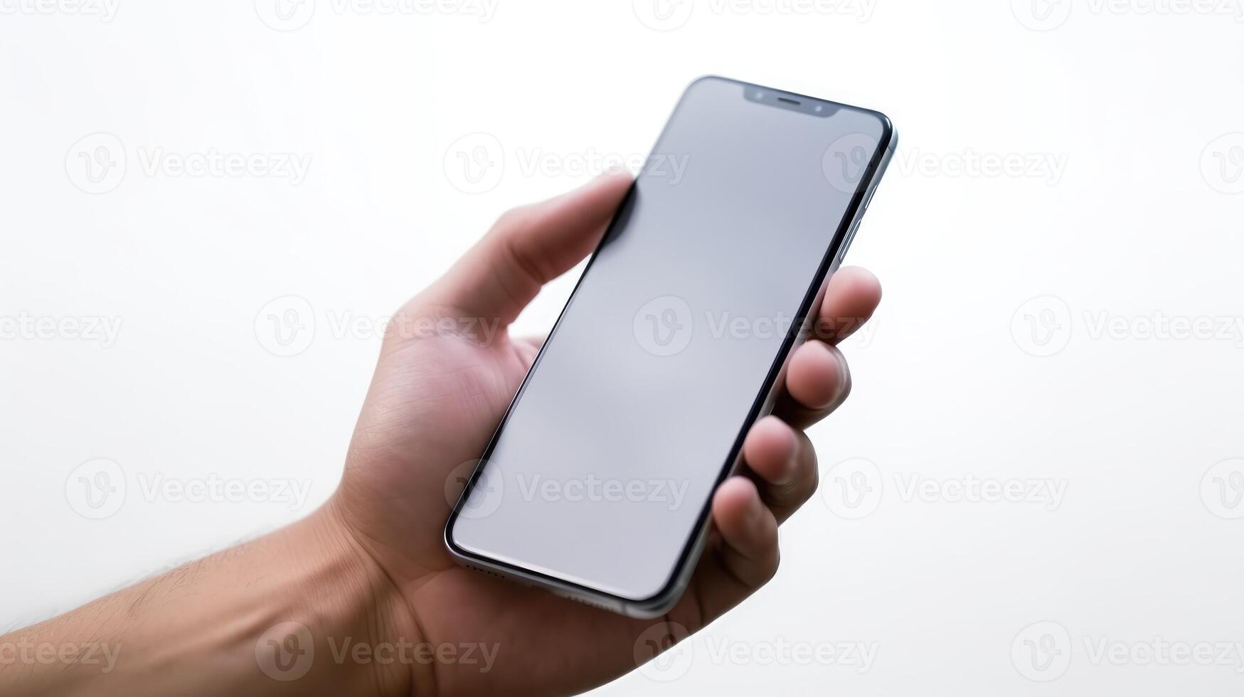 Man hand holding the smartphone with a blank screen isolated on a white background. Device mockup, mobile mockup concept. photo