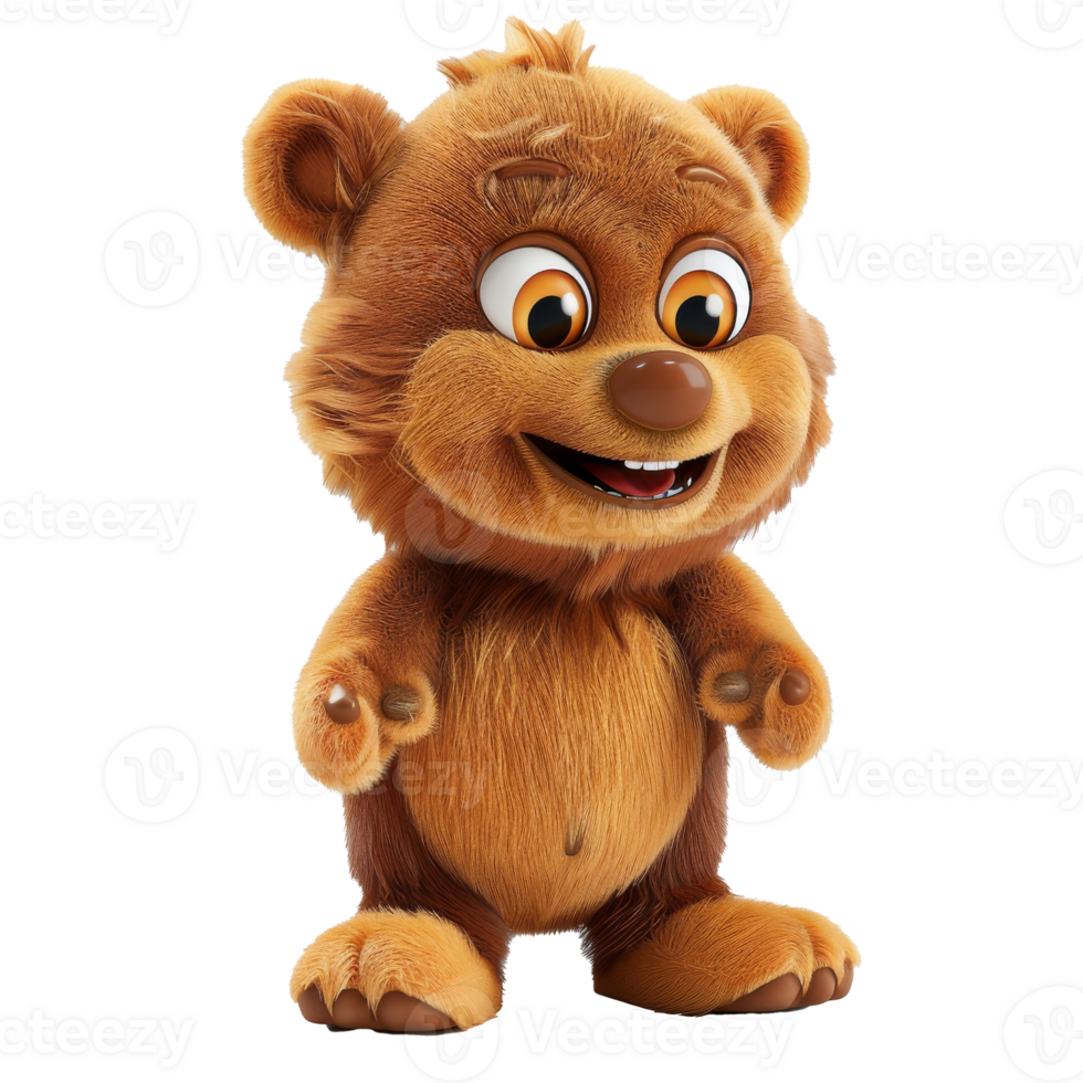 A cute 3D cartoon bear with brown fur, big eyes, and a happy expression. png