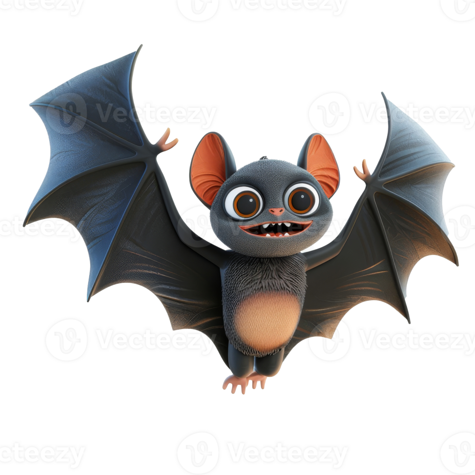 A cute cartoon bat with big eyes and a happy expression on its face is flying through the air with its wings spread wide. png