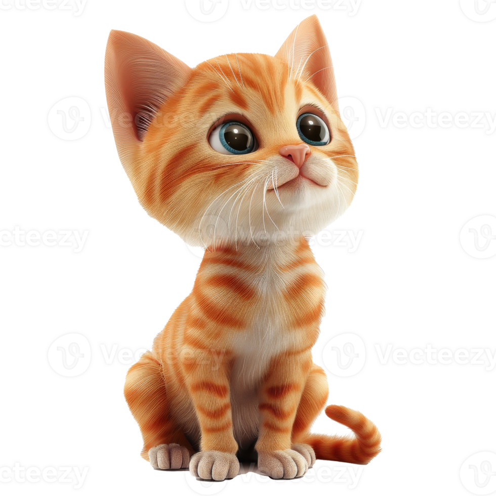 A cute cartoon orange tabby cat with big eyes looking up at the viewer with a curious expression. png