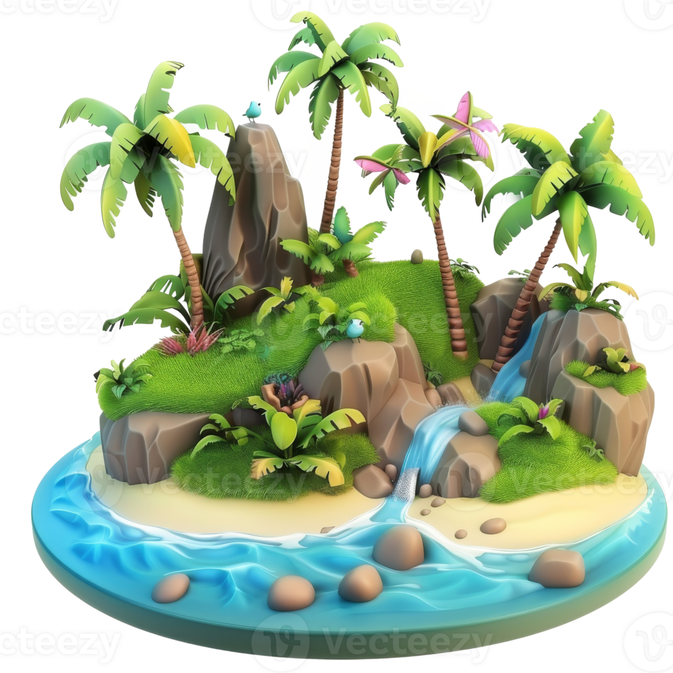 A small tropical island with palm trees, rocks, and a waterfall. png