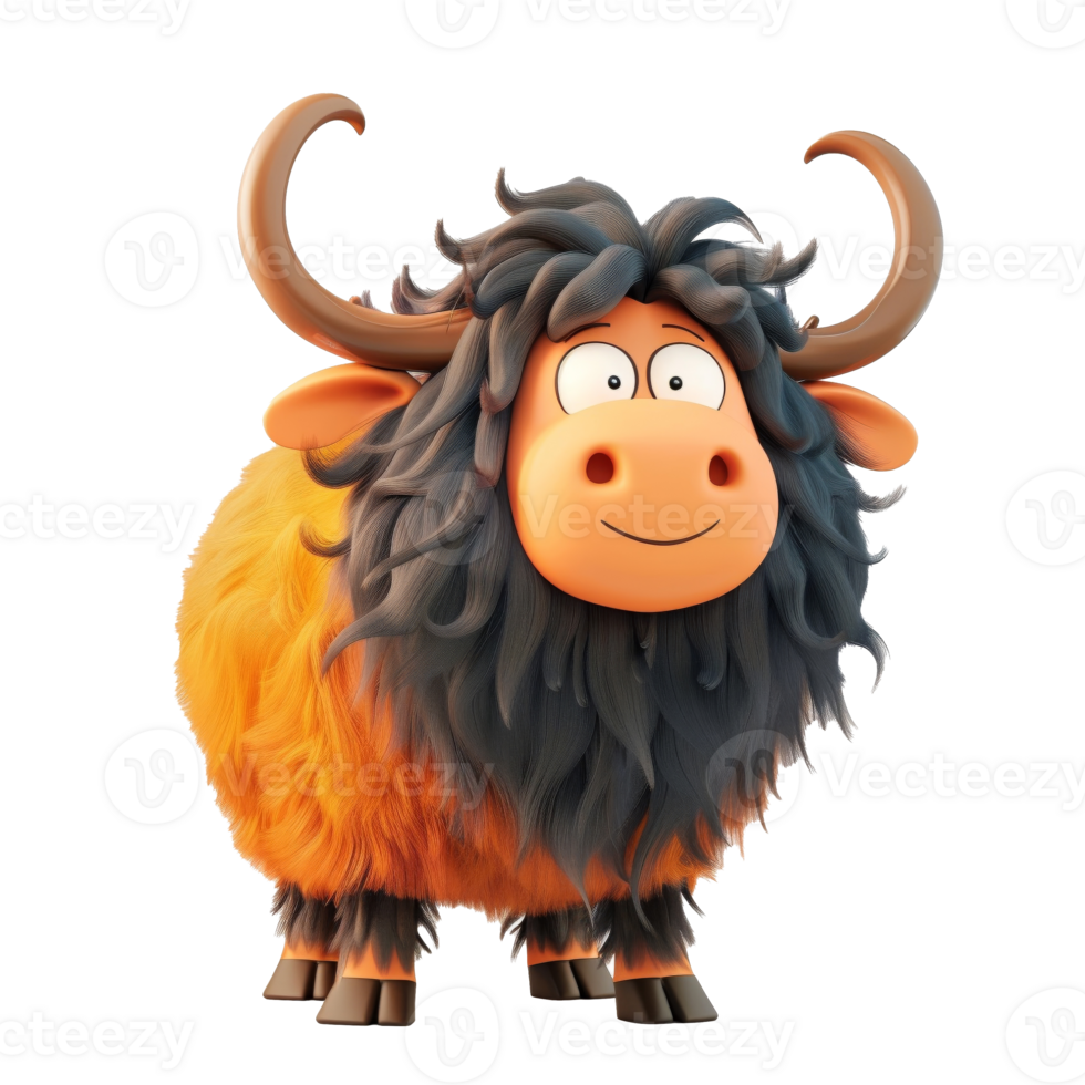 A cartoon yak with orange fur, black hair, and a big smile on its face. png