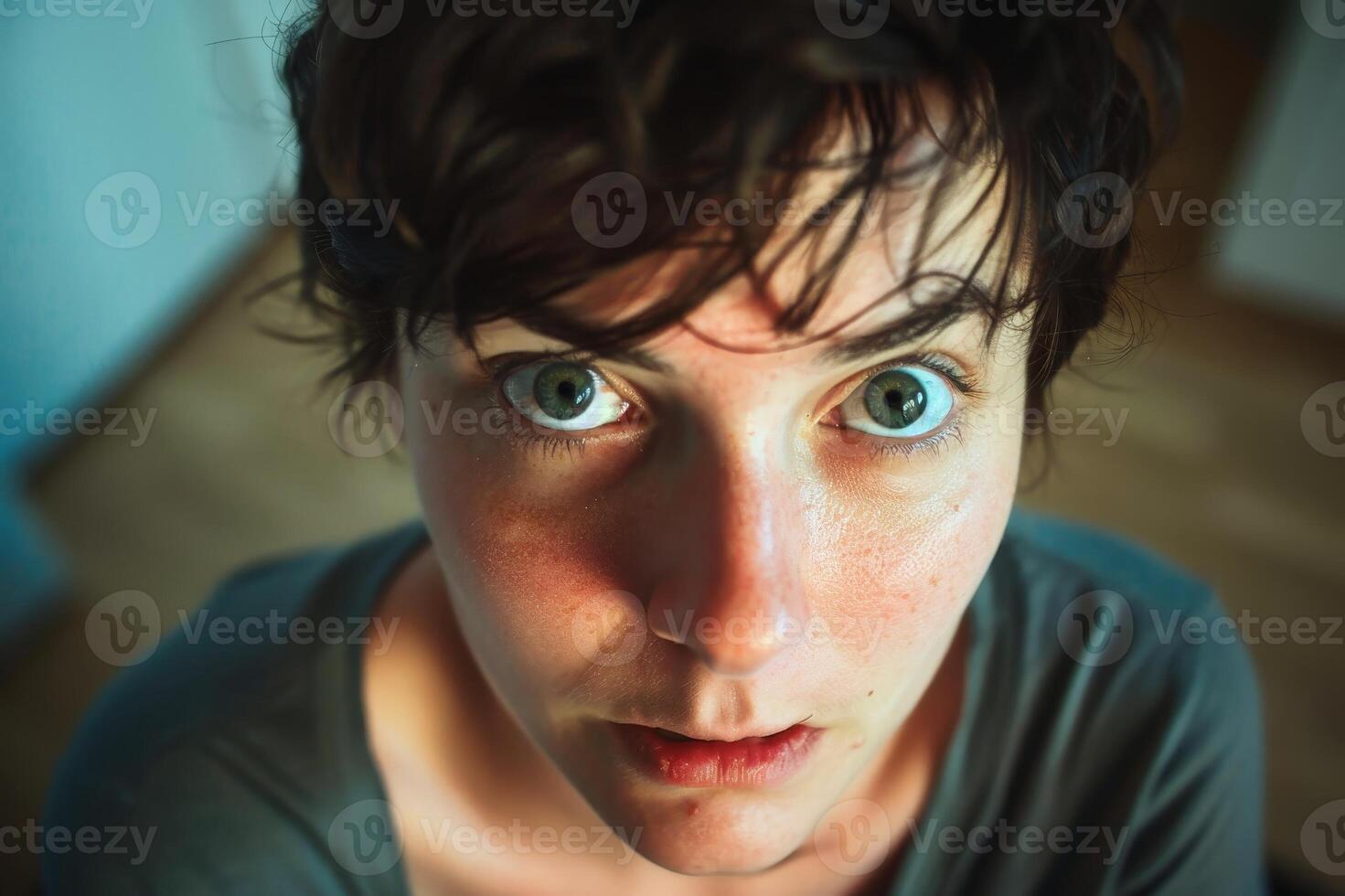 A clueless and stupid looking person looking into the camera. AI generate photo