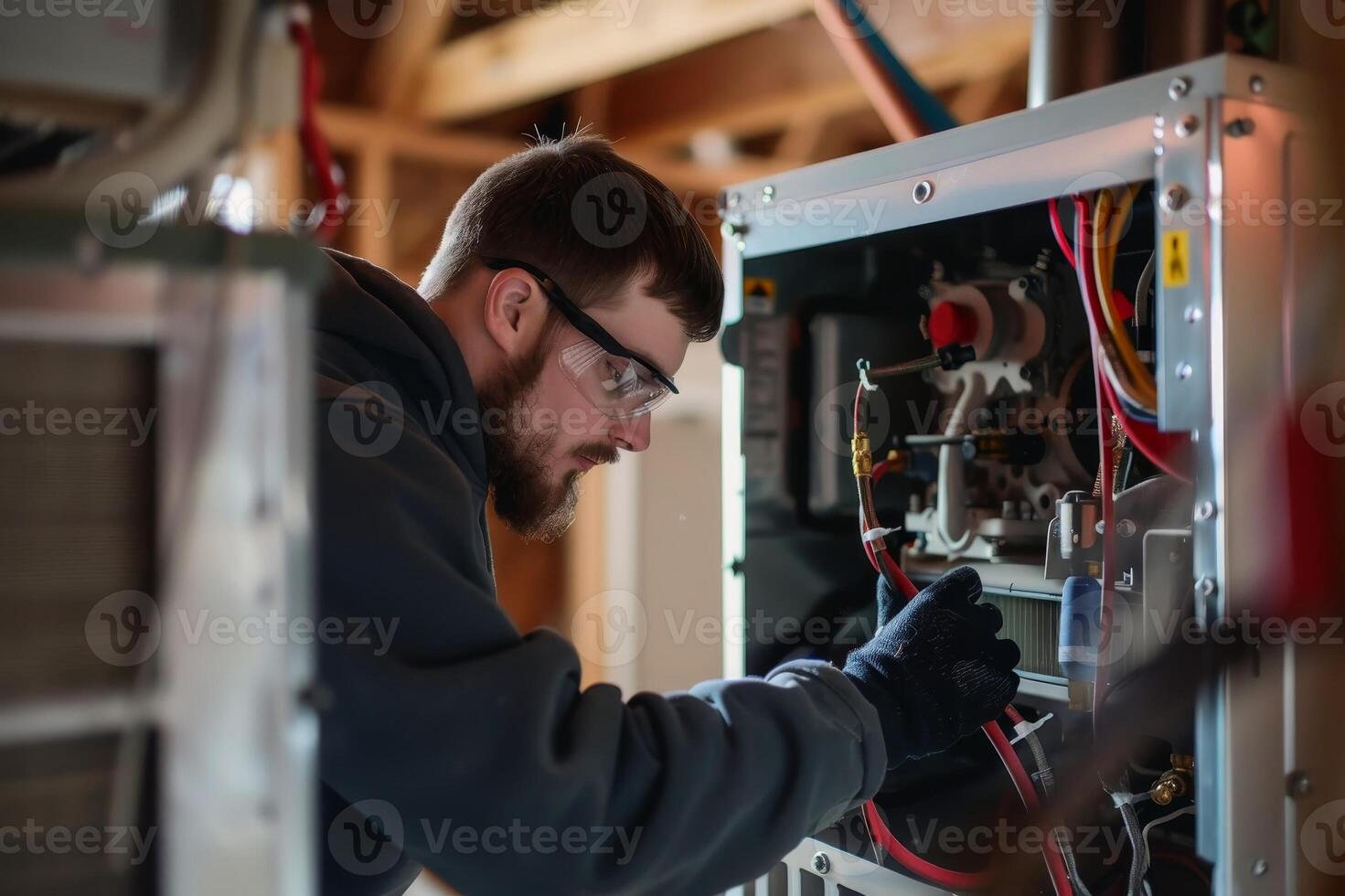 An HVAC technician installing a new heating and cooling system in a home. AI generate photo