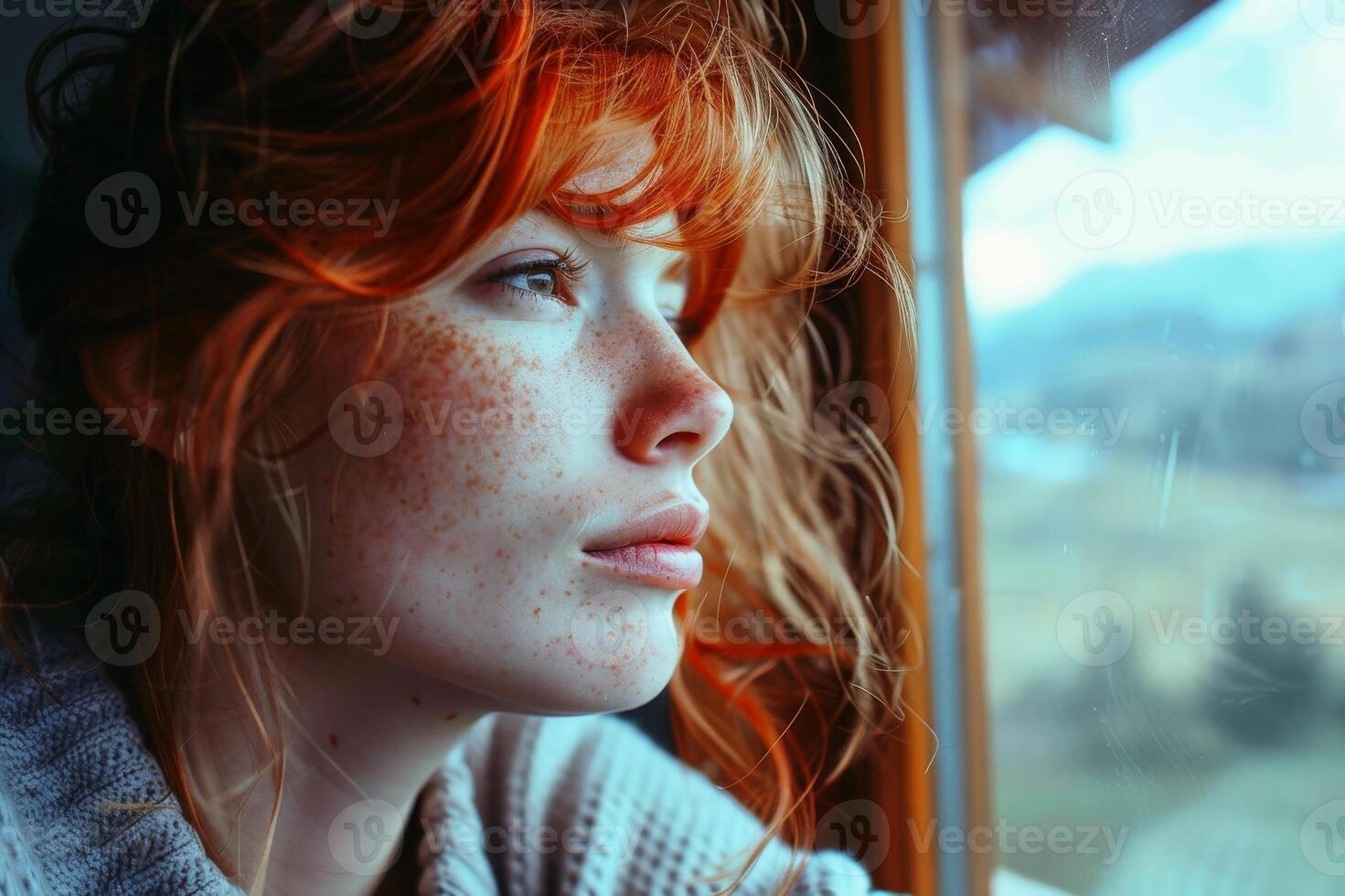 A woman with freckles and fiery red hair gazing dreamily out a window at a scenic landscape. AI generate photo