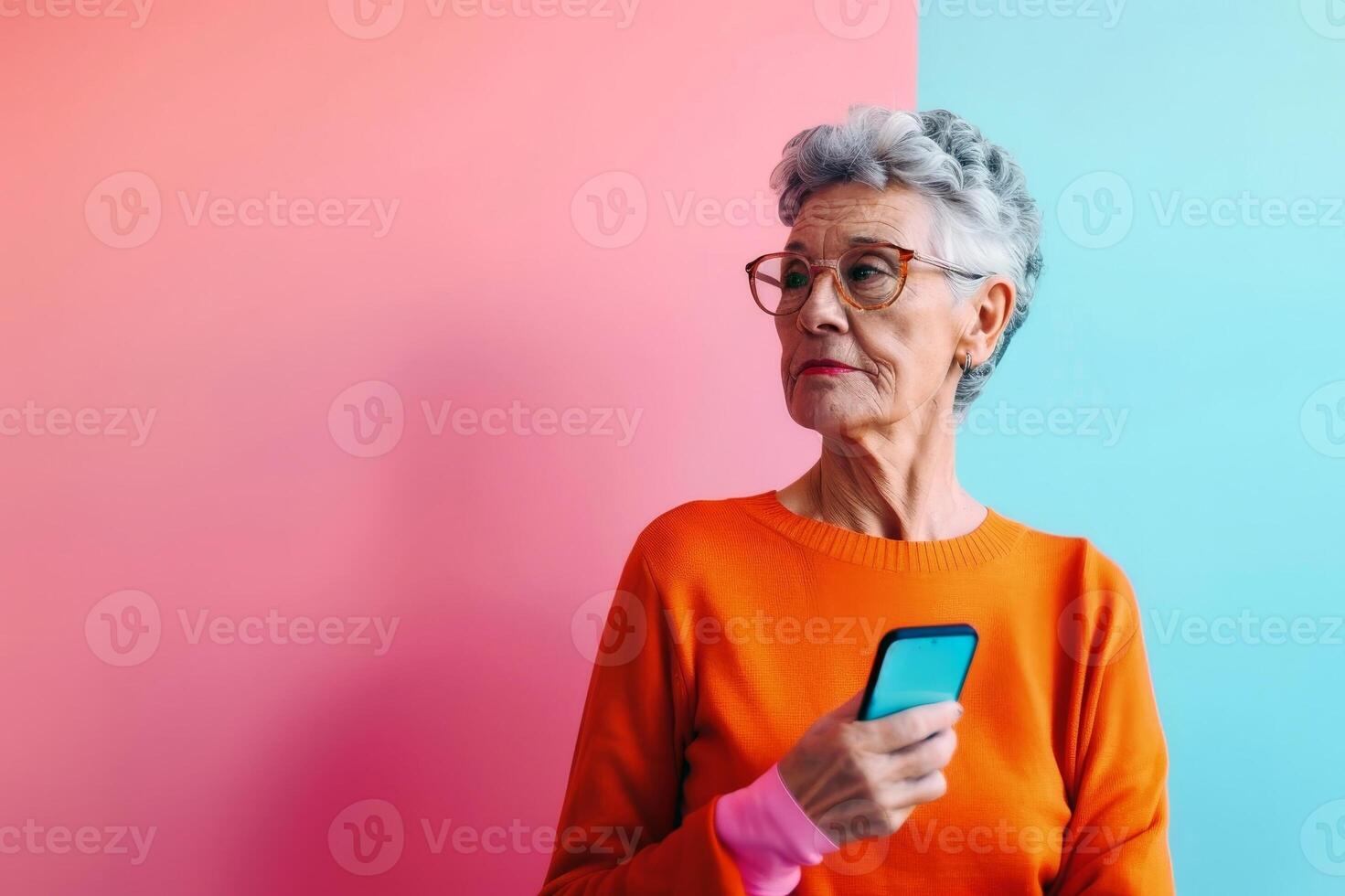 A retired woman with her smartphone and a pastell color background. AI generate photo